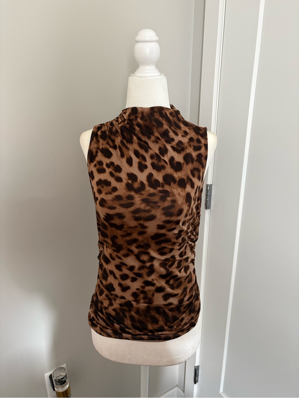 Leopard Print Sleeveless Mock Neck Top - Brown